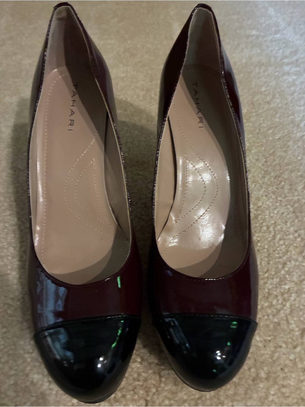 Tahari Glossy Rounded -Toe Platform Pump in Deep Wine and Black.